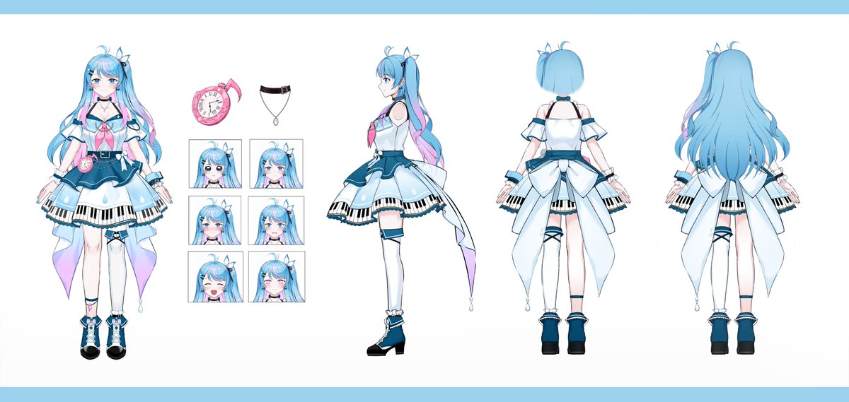 1girl ahoge back_bow black_choker blue_dress blue_footwear blue_hair bow breasts reference_sheet choker clock closed_mouth colored_inner_hair commentary dress english_commentary multiple_expressions full_body gradient_hair jewelry long_hair luzzi_(milllim) multicolored_hair multiple_views necklace official_art one_side_up piano_print pink_hair second-party_source serena_starstruck sidelocks single_thighhigh standing stellarversepro thighhighs virtual_youtuber white_thighhighs