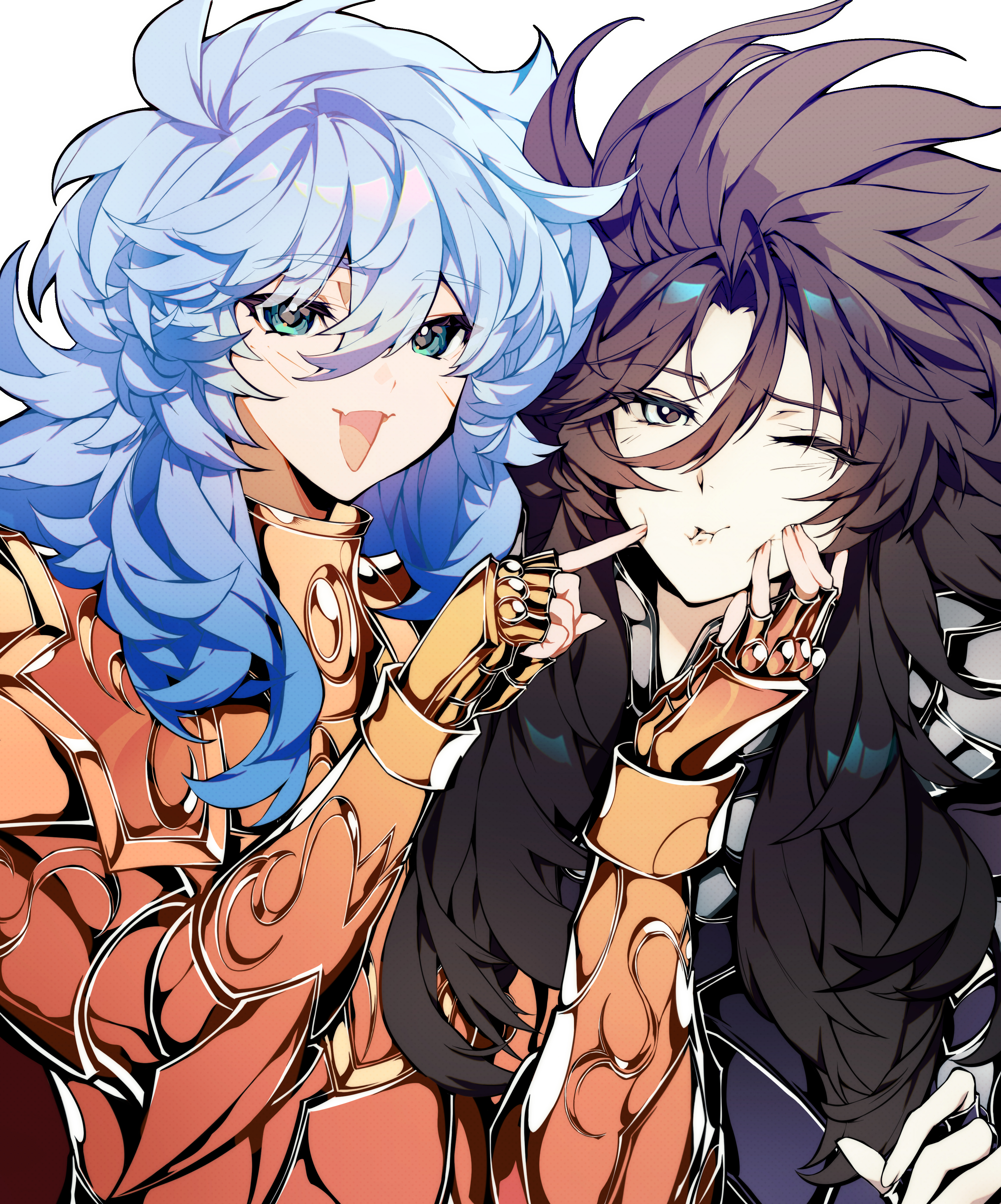 2boys absurdres androgynous armor bishounen black_armor black_hair blue_eyes blue_hair brothers cheek_poking gold_armor green_eyes hades_(saint_seiya) hand_on_another's_cheek hand_on_another's_face highres julian_solo long_hair looking_at_viewer multiple_boys open_mouth pale_skin poking poseidon_(saint_seiya) saint_seiya siblings smile snowflake_(diodarja) upper_body