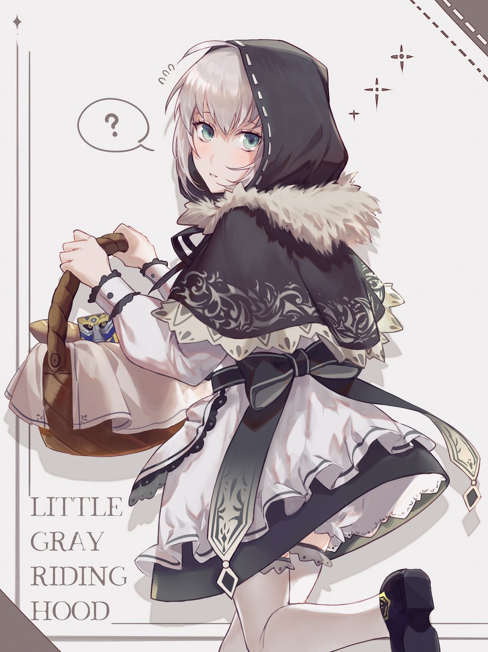 1girl ? add_(fate) ahoge alternate_costume basket blush bow bread cloak commentary_request cosplay creature csyday cube dress fate_(series) female_focus food fur_trim gray_(fate) green_eyes grey_hair hair_between_eyes highres holding holding_basket hood hooded hooded_cloak little_red_riding_hood little_red_riding_hood_(grimm) little_red_riding_hood_(grimm)_(cosplay) lord_el-melloi_ii_case_files parted_lips short_hair solo teeth thighhighs