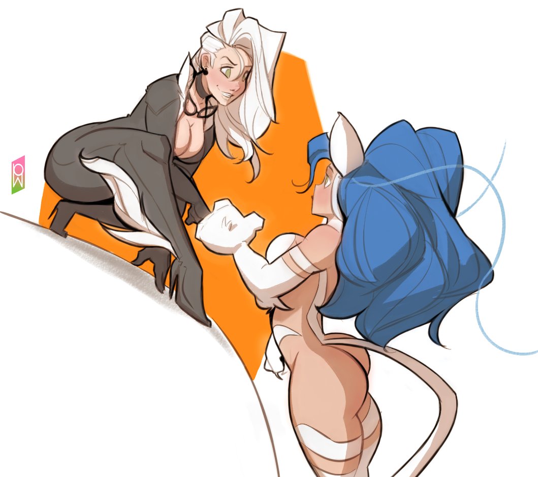 2girls animal_ears animal_hands ass bare_shoulders black_cat_(marvel) blue_hair bodysuit breasts cat_ears cat_tail cleavage crossover darkstalkers felicia_(darkstalkers) felicia_hardy high_heels large_breasts long_hair marvel multiple_girls name_connection phelippetom spider-man_(series) tail very_long_hair white_fur white_hair