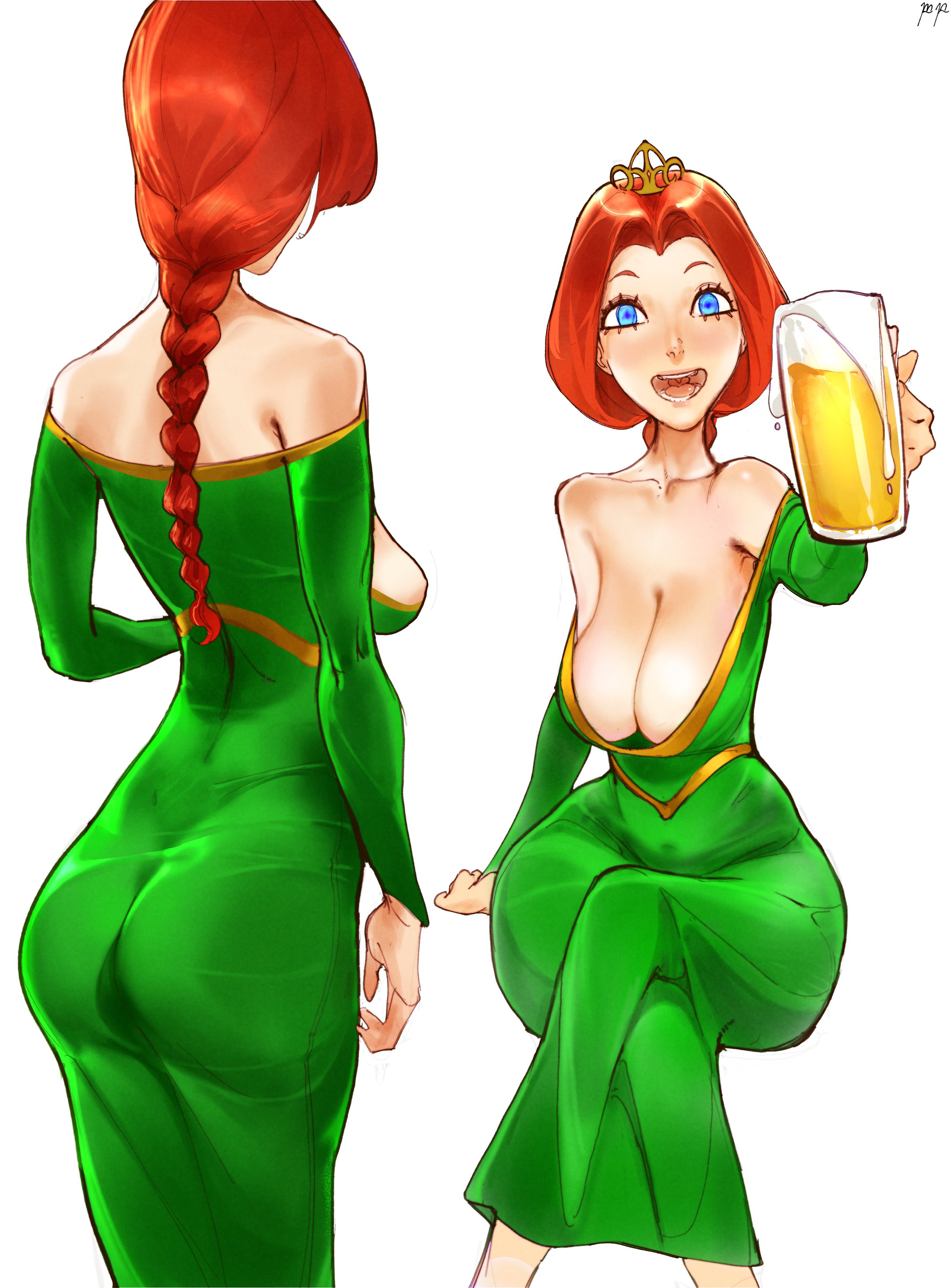 1girl absurdres alcohol ass beer beer_mug blue_eyes braid braided_ponytail breasts brendon_paes cleavage crossed_legs cup dress green_dress highres large_breasts long_hair looking_at_viewer mug multiple_views open_mouth princess_fiona red_hair shrek_(series) simple_background sitting tiara white_background