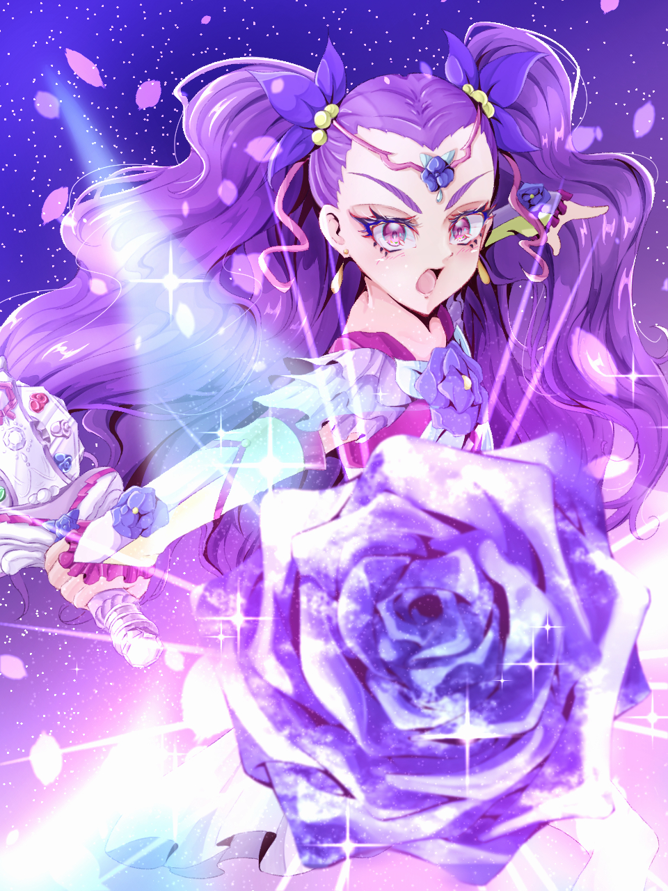 1girl arm_warmers blush commentary earrings flower haruto_(1214_haruto) highres jewelry long_hair magical_girl milky_rose mimino_kurumi open_mouth precure purple_eyes purple_flower purple_hair short_sleeves solo two-tone_shirt two_side_up yes!_precure_5 yes!_precure_5_gogo!