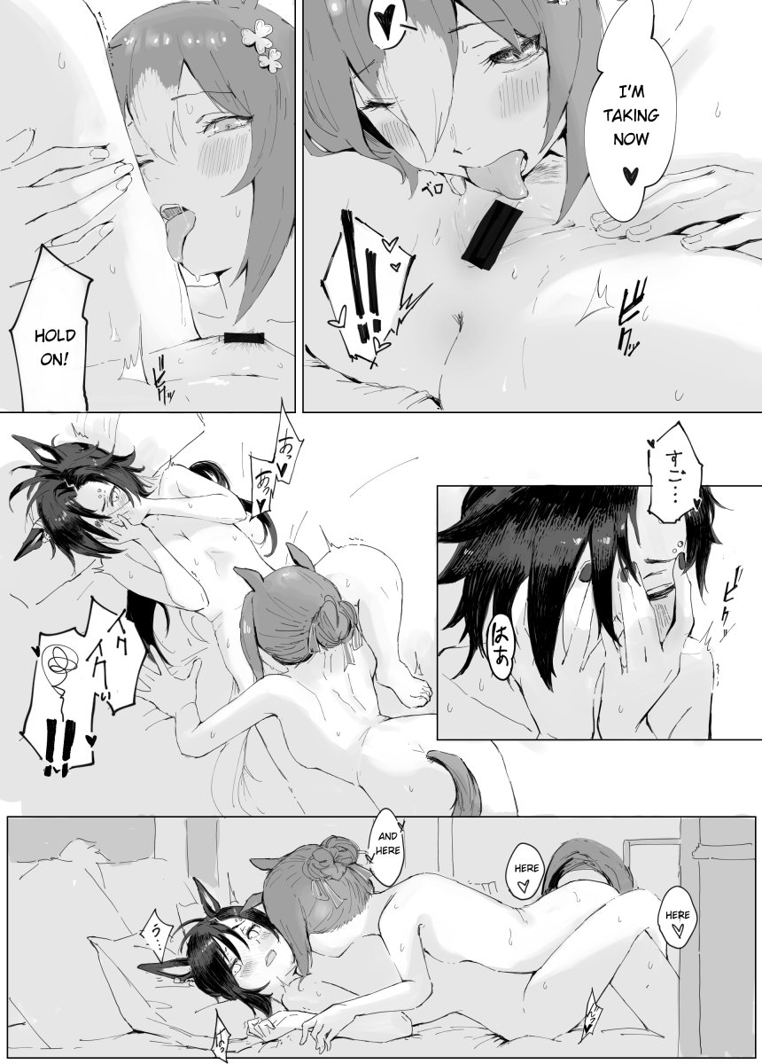 2girls air_shakur_(umamusume) animal_ears bed blush breast_press breasts censored completely_nude covering_face covering_own_face cunnilingus english_text eyebrow_piercing face_piercing fine_motion_(umamusume) greyscale hair_bun hair_ornament hands_on_own_face highres horse_ears horse_girl horse_tail licking licking_leg licking_thigh monochrome multiple_girls nude one_eye_closed oral piercing rhinth saliva small_breasts symmetrical_docking tail umamusume yuri