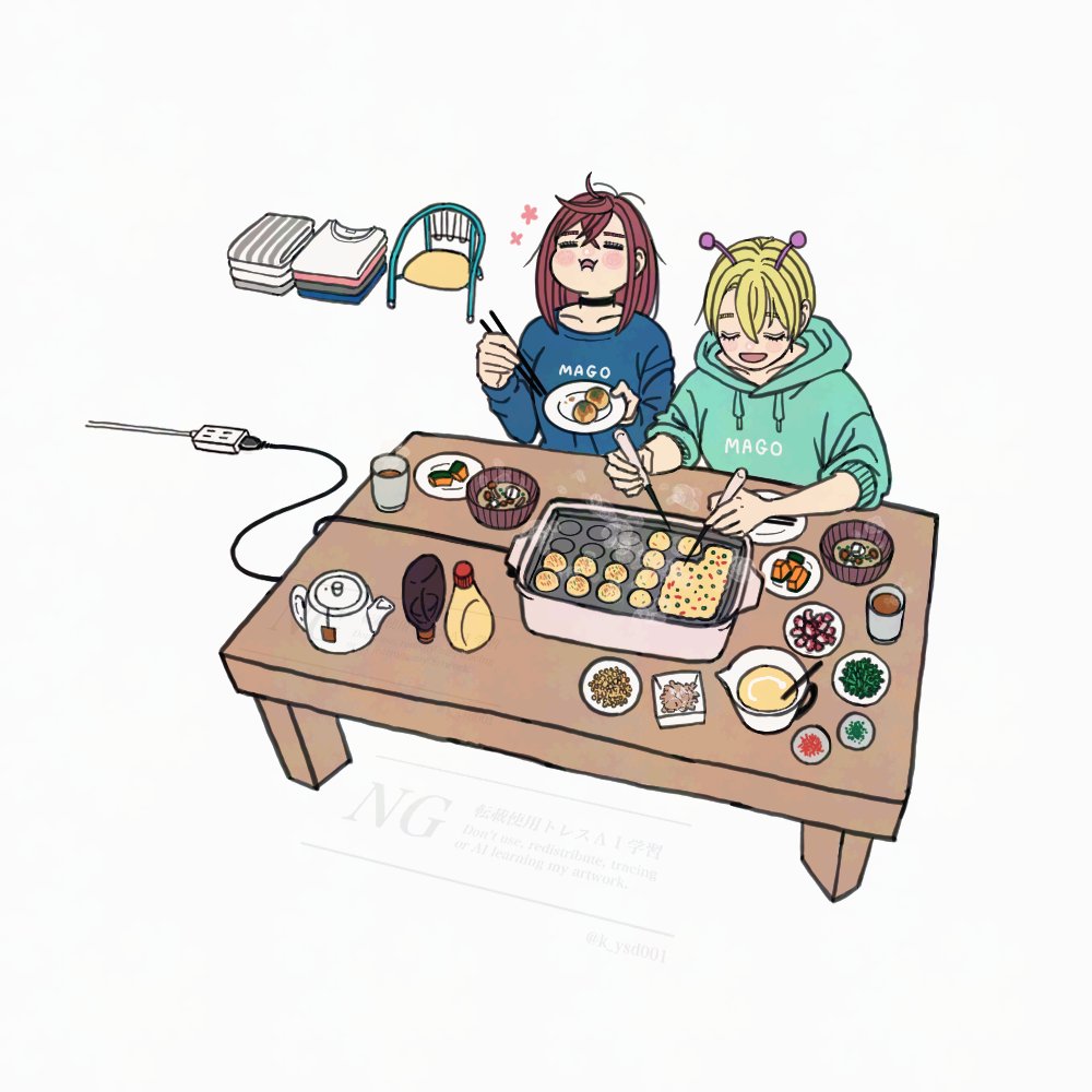 2girls alien antennae aqua_hoodie ayase_momo black_choker blonde_hair blue_shirt blush bowl brown_hair choker chopsticks closed_eyes collarbone commentary_request crossed_bangs cup dandadan earrings eating food from_above holding holding_chopsticks hood hood_down hoodie jewelry k_ysd001 long_sleeves medium_hair multiple_girls open_mouth shirt short_hair simple_background sitting sleeves_rolled_up table teapot vamola_(dandadan) white_background
