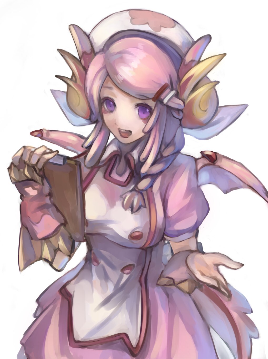 1girl braid breasts dragon_girl dragon_horns dragon_tail dragon_wings duel_monster fingerless_gloves gloves hair_ornament hat highres holding horns large_breasts looking_at_viewer mai_yukari nurse nurse_cap nurse_dragonmaid pink_eyes pink_hair short_hair short_sleeves side_braid simple_background solo tail white_background wings yu-gi-oh!