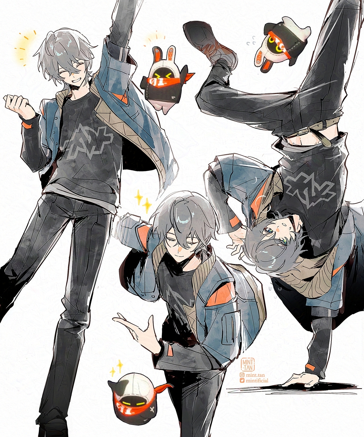 >_< 1boy 1other artist_name bangboo_(zenless_zone_zero) black_pants black_shirt blue_jacket breakdance closed_eyes closed_mouth commentary english_commentary eous_(zenless_zone_zero) grey_hair highres jacket looking_at_viewer mint-tan orange_scarf pants scarf shirt shoes simple_background smile upside-down white_background white_footwear wise_(zenless_zone_zero) zenless_zone_zero