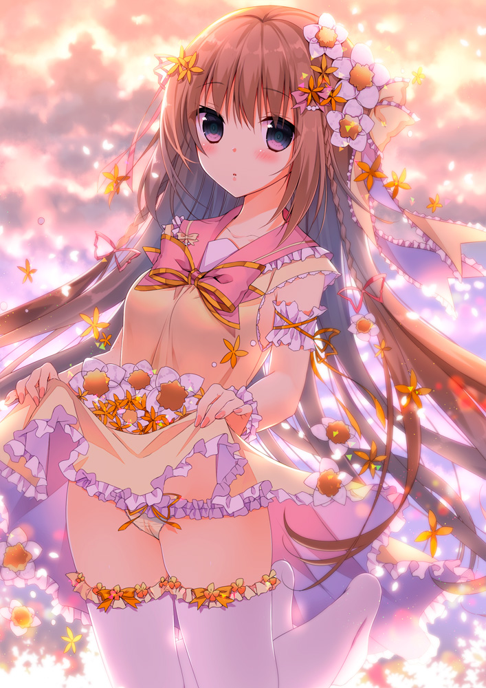 1girl bad_id bad_pixiv_id brown_hair clothes_lift female_focus flower hair_flower hair_ornament long_hair original panties purple_eyes skirt skirt_lift solo thighhighs underwear yadapot