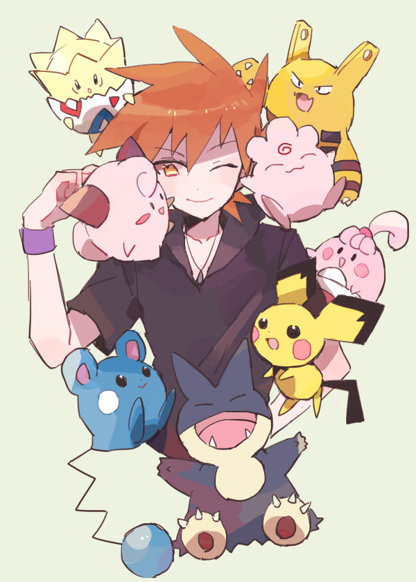 1boy affectionate azurill black_shirt blue_oak cleffa elekid gen_2_pokemon gen_3_pokemon gen_4_pokemon happiny holding holding_pokemon igglybuff jewelry munchlax necklace nintendo on_head on_shoulder pichu pokemon pokemon_(creature) pokemon_frlg pokemon_on_head pokemon_on_shoulder shirt smcms-m togepi