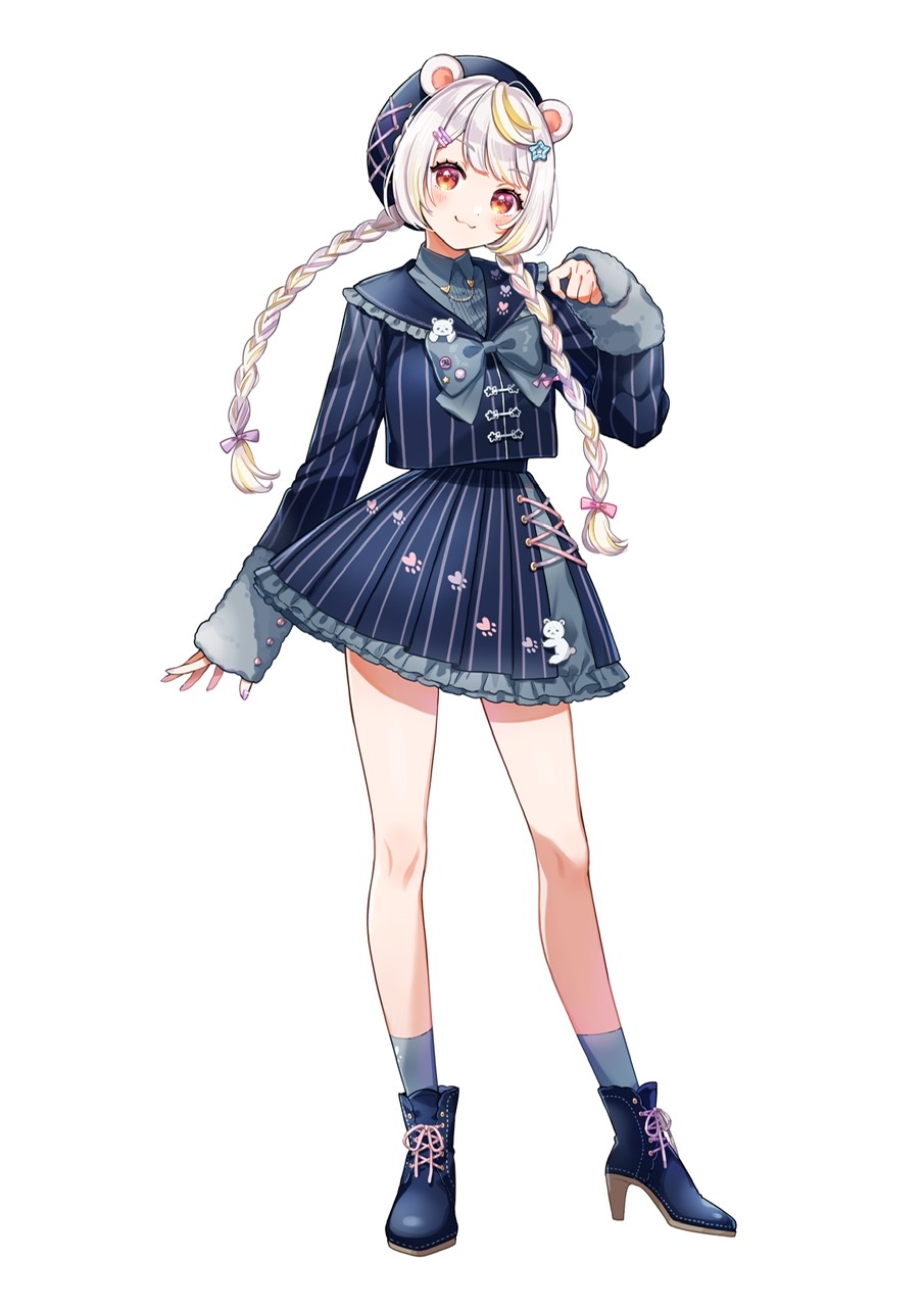 1girl :3 animal_ears bear_ears beret blonde_hair blush braid character_request commentary_request copyright_request full_body fur_cuffs hat high_heels highres lace_skirt lace_trim long_hair long_sleeves looking_at_viewer multicolored_hair paw_pose paw_print red_eyes sailor_collar shinishi_chiho shirt simple_background skirt smile socks solo striped_clothes striped_shirt striped_skirt twin_braids virtual_youtuber white_background white_hair