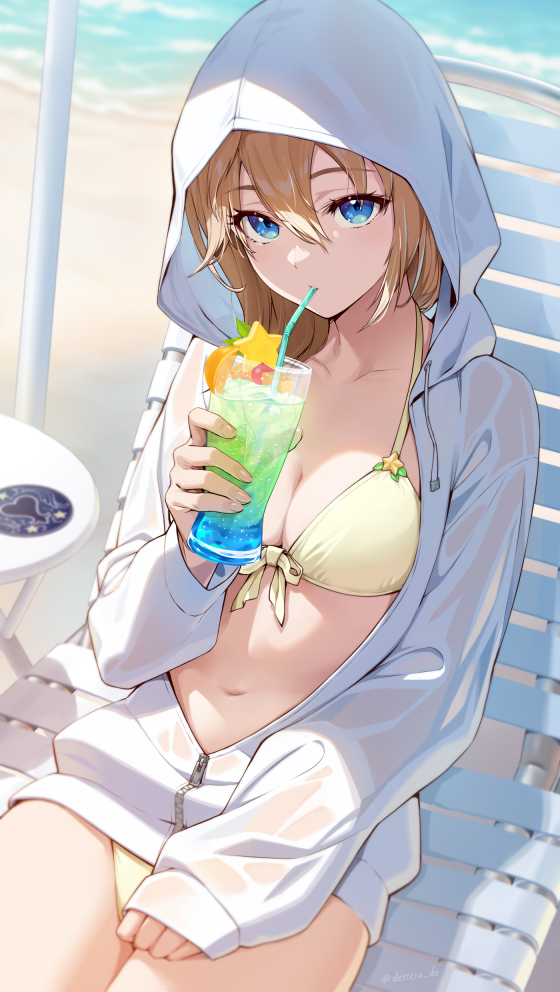 1girl beach beach_chair beach_umbrella bikini bikini_under_clothes blonde_hair blue_eyes breasts casual cleavage cocktail commentary_request day drinking expressionless front-tie_bikini_top front-tie_top gogo_(detteiu_de) hair_between_eyes hand_on_own_thigh hand_up hood hood_up hoodie kingdom_hearts long_hair medium_breasts midriff namine navel ocean outdoors partially_unzipped sitting solo star_pin staring stomach swimsuit umbrella upshirt white_hoodie yellow_bikini