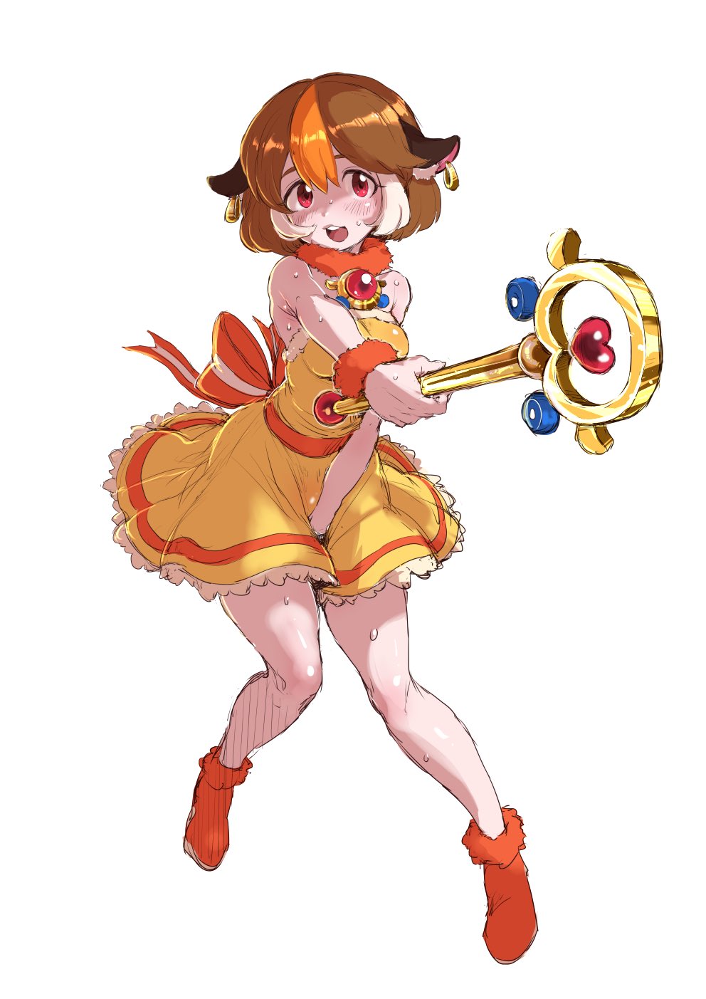 1girl blush brown_hair buck_teeth dress earrings fur_collar guinea_pig_ears hair_ribbon heart highres jewelry koshii_tai looking_at_viewer magical_girl morumi multicolored_hair personification pui_pui_molcar ribbon round_teeth simple_background sweat teeth wand white_background
