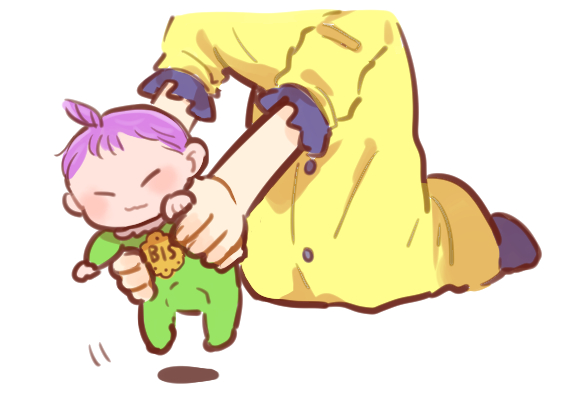 2boys baby blue_socks buttons carrying_baby carrying_person charlotte_cracker charlotte_perospero closed_eyes closed_mouth dress fingernails frilled_sleeves frills green_jumpsuit head_out_of_frame high_ponytail jumpsuit kinakotatu kneeling light_blush long_dress long_sleeves motion_lines multiple_boys one_piece onesie ponytail purple_hair shadow short_hair short_ponytail simple_background smile socks three-quarter_sleeves white_background yellow_dress