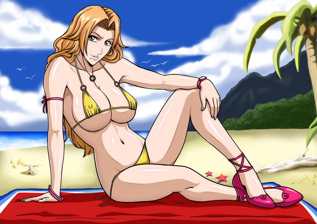 00s 1girl armband beach bikini bleach bracelet breasts cleavage day female_focus high_heels jewelry large_breasts long_hair matsumoto_rangiku micro_bikini mole mole_under_mouth nagano_tenzen orange_hair outdoors self-upload shoes solo swimsuit tenzen_(netspike) towel untied watch wristwatch