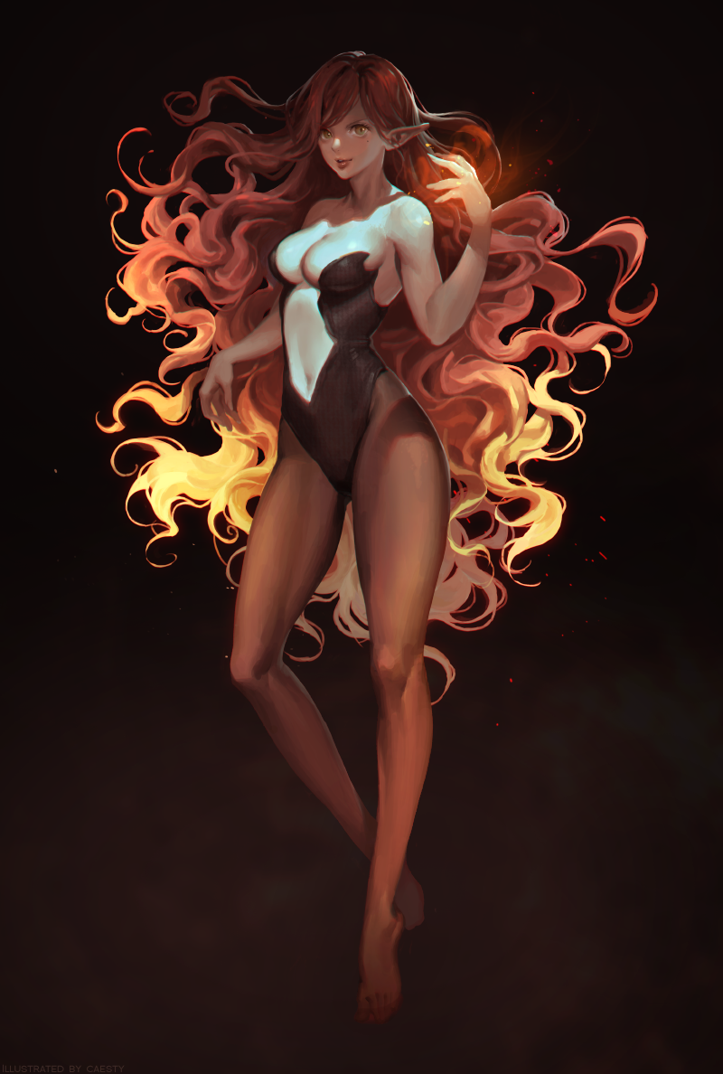 1girl bare_arms bare_shoulders black_background blonde_hair breasts brown_hair brown_pantyhose brown_theme caesty center_opening cleavage female_focus fingernails full_body glowing gradient_hair grey_eyes leg_up leotard light_particles lips long_hair medium_breasts mole mole_under_eye multicolored_hair navel no_shoes original pantyhose parted_lips pointy_ears sharp_fingernails smile solo standing stomach strapless strapless_leotard swept_bangs very_long_hair wavy_hair