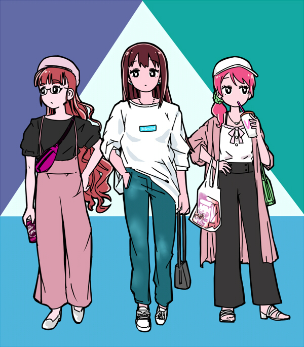 3girls bag baseball_cap beret black_eyes black_pants black_shirt blue_pants bright_pupils brown_hair can closed_mouth commentary_request cup dr_pepper drink_can drinking drinking_straw drinking_straw_in_mouth earrings fanny_pack green_bag grey_bag hand_in_pocket hand_on_own_hip hand_up handbag hat high-waist_pants hojo_karen holding holding_bag holding_can holding_cup idolmaster idolmaster_cinderella_girls jewelry kamiya_nao long_hair multiple_girls necklace no_nose pants pink_hair pink_hat pink_pants plastic_bag red_hair sandals shibuya_rin shirt shirt_partially_tucked_in side_ponytail soda_can thick_eyebrows torako_(toramaru) triad_primus_(idolmaster) very_long_hair white_hat white_pupils white_shirt