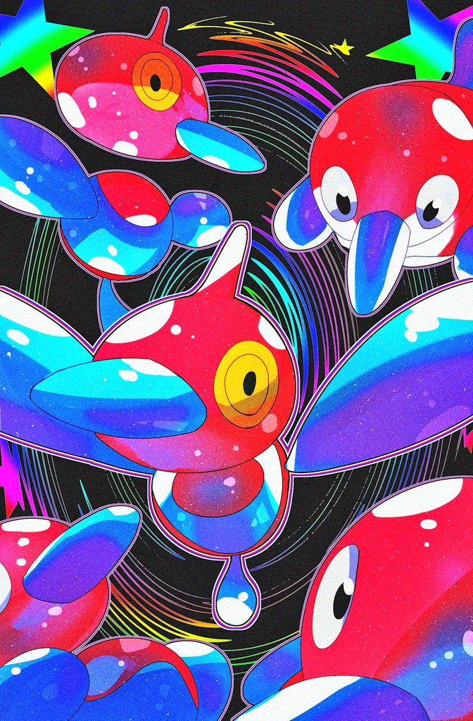 beak black_background evolutionary_line flying gen_2_pokemon gen_4_pokemon looking_at_viewer nintendo no_humans pokemon pokemon_(creature) porygon-z porygon2 simple_background star_(symbol) wings yellow_eyes zeroartwo