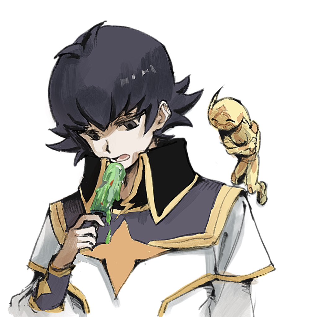 1boy 1other ahoge black_eyes black_hair black_wrist_cuffs body_markings closed_eyes crossed_arms eating facing_another floating food hands_on_own_arms holding holding_food holding_popsicle humanoid_robot jacket kusanagi_jin laughing lightning_(yu-gi-oh!_vrains) looking_at_object looking_down male_focus melting_popsicle military_jacket military_uniform novale110 open_mouth popped_collar popsicle robot tunic white_background white_jacket white_tunic wrist_cuffs yellow_trim yu-gi-oh! yu-gi-oh!_vrains