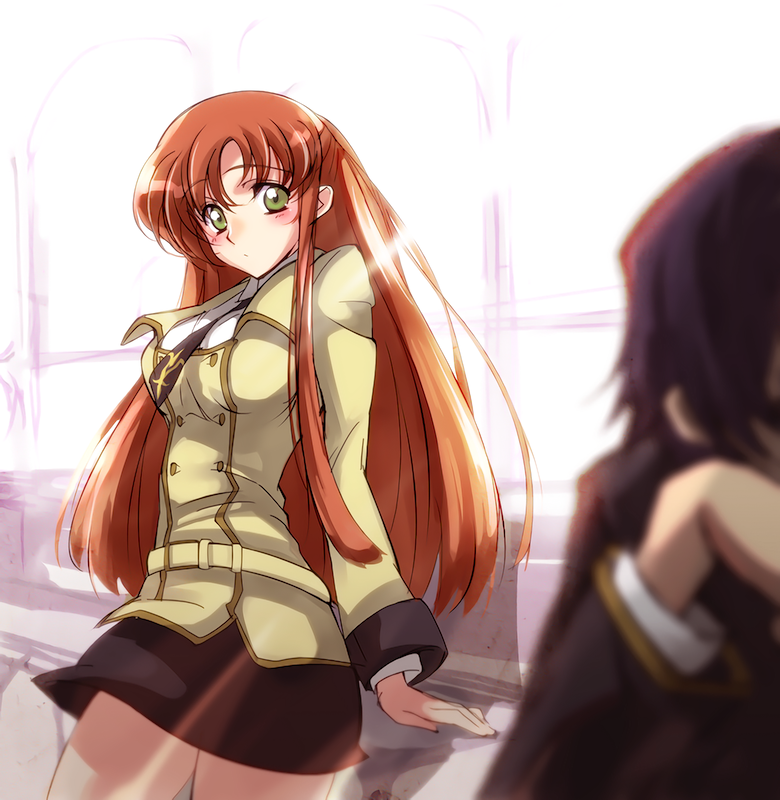 1boy 1girl black_hair blush breasts brown_hair closed_mouth code_geass green_eyes lelouch_vi_britannia long_hair looking_at_another medium_breasts necktie out_of_character school_uniform shirley_fenette upper_body window yk-kz