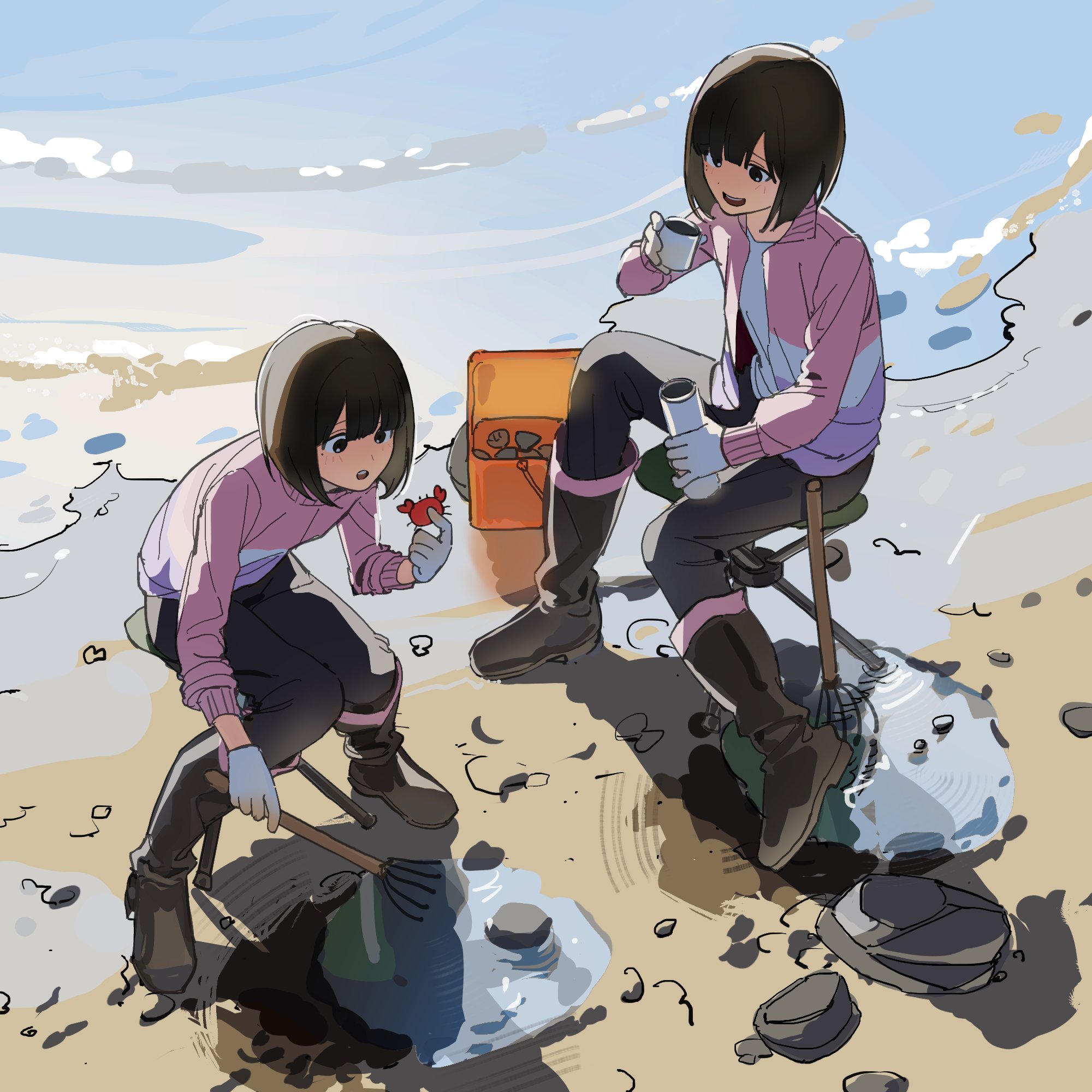 2girls :d animal beach black_pants boots brown_boots brown_hair camping cooler crab flowers_(innocent_grey) highres holding holding_animal holding_thermometer jacket knee_boots long_sleeves mole mole_under_eye multicolored_jacket multiple_girls multiple_moles open_mouth outdoors pants pink_jacket puddle rock sasaki_ichigo sasaki_ringo shishima_eichi short_hair siblings sisters sitting smile teeth thermometer thermos twins upper_teeth_only water