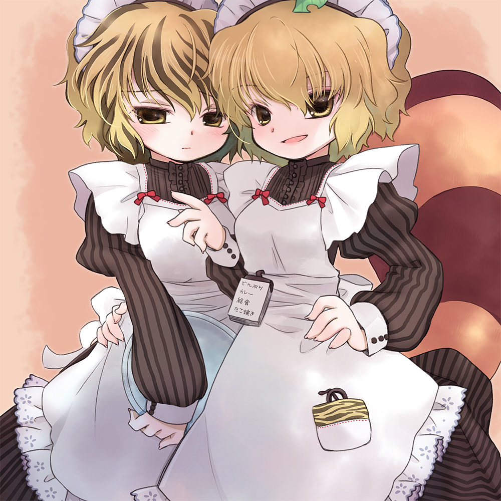 2girls alternate_costume animal_print apron arm_around_waist bad_id bad_pixiv_id biyon blonde_hair blush brown_dress brown_hair cosplay dress enmaided female_focus futatsuiwa_mamizou hand_on_own_hip juliet_sleeves leaf leaf_on_head long_sleeves looking_at_viewer maid maid_apron maid_headdress multicolored_hair multiple_girls notepad object_on_head open_mouth puffy_sleeves raccoon_tail short_hair smile striped_clothes striped_dress tail tiger_print toramaru_shou toramaru_shou_(cosplay) touhou tray two-tone_hair yellow_eyes