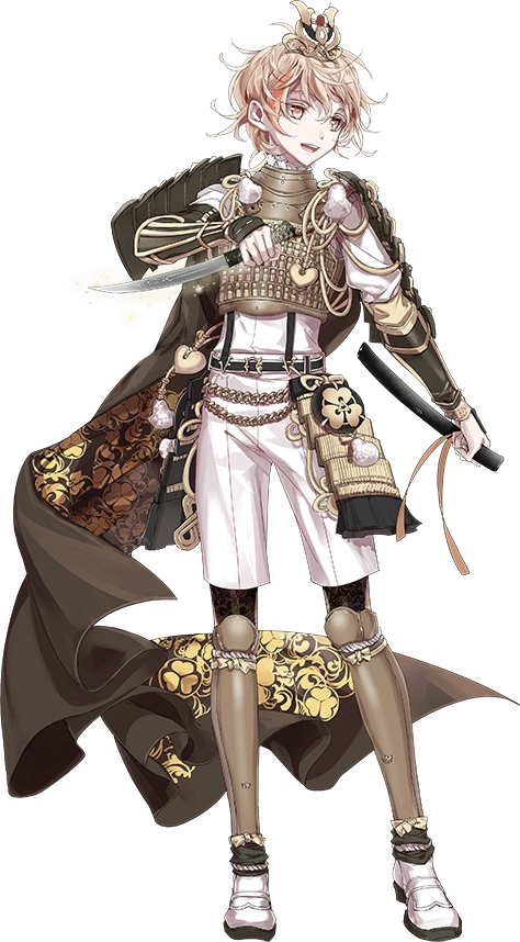 10s 1boy armor black_pantyhose blonde_hair cape crown full_body izumi_(nagashi) japanese_armor kiwame_(touken_ranbu) kote male_focus monoyoshi_sadamune official_art open_mouth pantyhose pantyhose_under_shorts print_pantyhose sheath shin_guards shorts shoulder_armor smile sode solo standing sword touken_ranbu transparent_background wakizashi weapon yellow_eyes