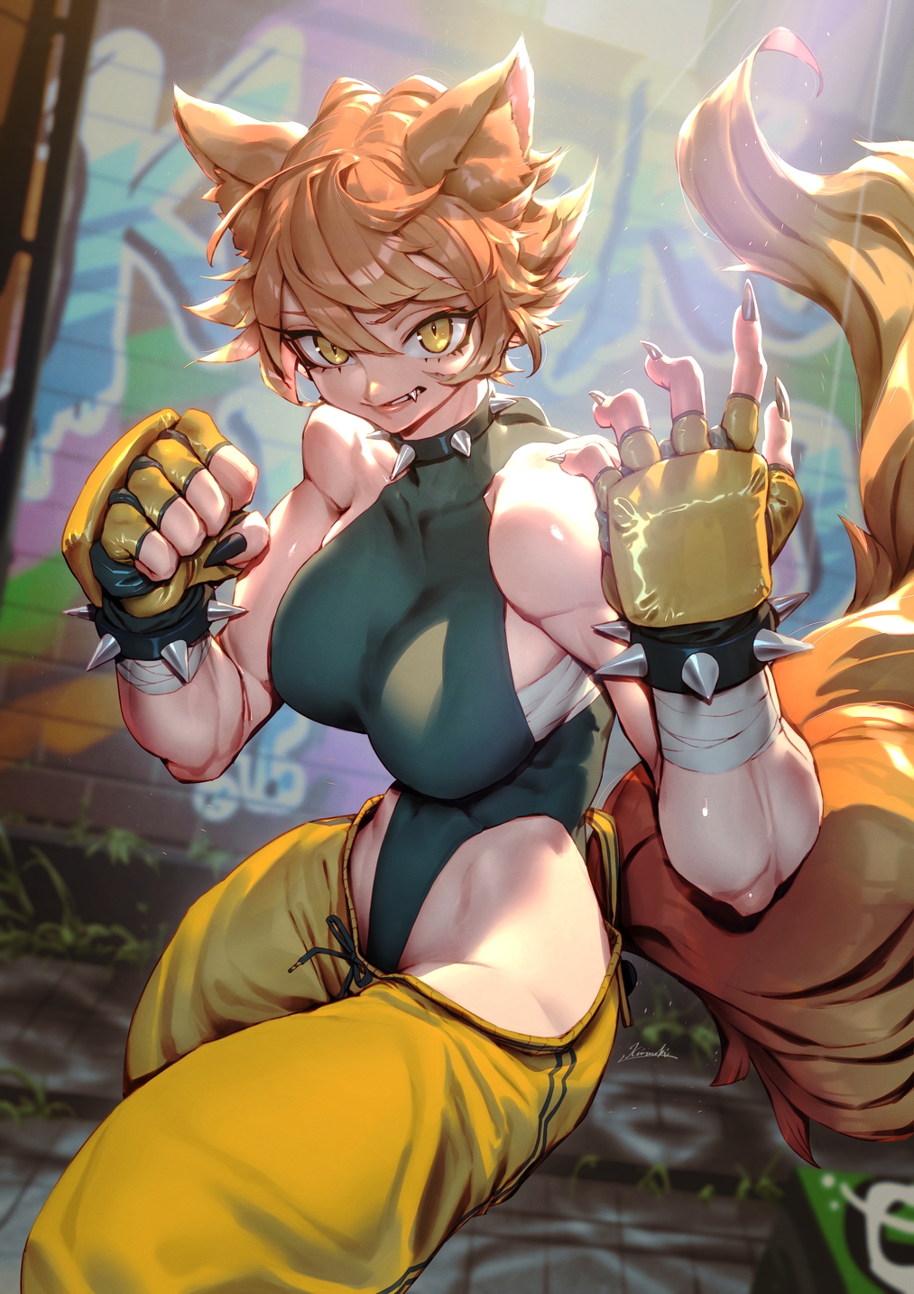 1girl animal_ear_fluff animal_ears black_nails bracelet breasts choker collar commentary commission fang fingerless_gloves fingernails gloves graffiti highres jewelry kionaoki leotard long_fingernails original sharp_fingernails sideboob slit_pupils solo spiked_bracelet spiked_choker spiked_collar spikes tail wolf_ears wolf_girl wolf_tail yellow_eyes