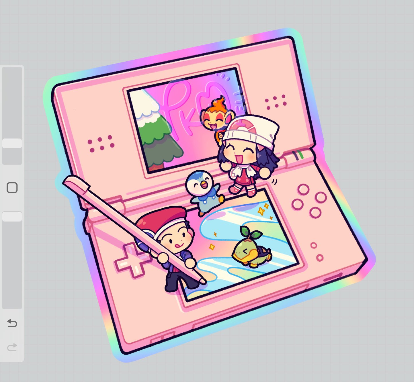 >_< 1boy 1girl :d :q ^_^ art_program_in_frame beanie beret bird chibi chibi_only chimchar closed_eyes commentary dawn_(pokemon) english_commentary fangs gen_4_pokemon grey_background handheld_game_console hat highres holding holding_stylus lucas_(pokemon) nintendo nintendo_ds open_mouth penguin piplup poke_ball_print pokemon pokemon_(creature) pokemon_dppt pokemon_platinum print_hat scarf smile solid_oval_eyes sparkle starter_pokemon_trio stylus submashell tongue tongue_out turtwig white_hat white_scarf