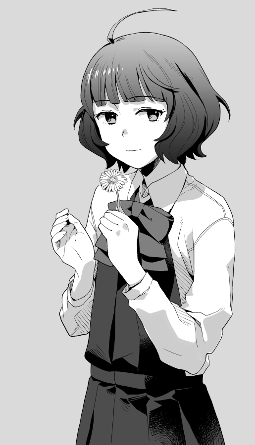 1girl ahoge blunt_bangs bow bowtie closed_mouth dress flower greyscale holding holding_flower kantai_collection kishinami_(kancolle) long_sleeves looking_at_viewer makio_(makiomeigenbot) monochrome short_hair simple_background solo