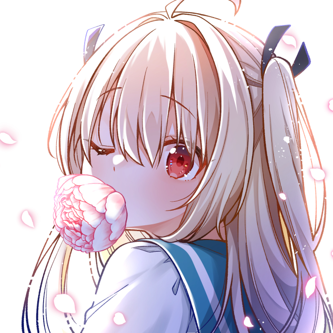 1girl ahoge atri atri-my_dear_moments- black_ribbon blue_sailor_collar brown_hair dress from_side hair_between_eyes hair_intakes hair_ribbon jako_(jakoo21) long_hair looking_at_viewer looking_to_the_side petals red_eyes ribbon sailor_collar sailor_dress simple_background solo two_side_up upper_body white_background white_dress