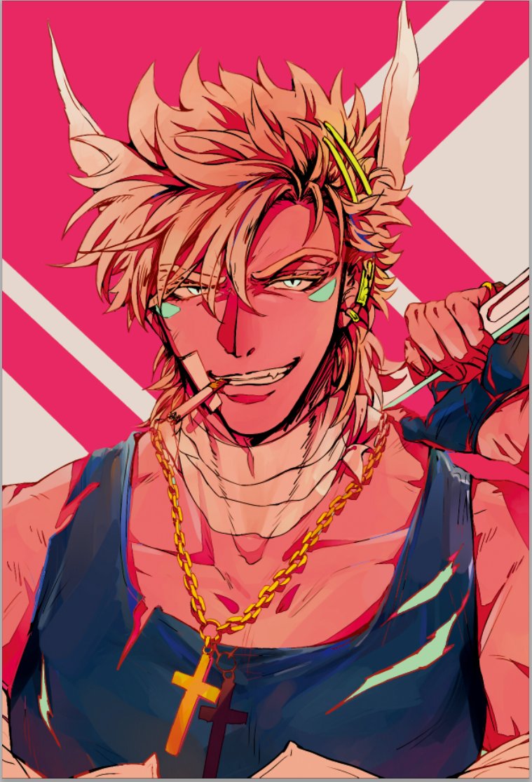1boy bandage_on_face bandaged_neck bandages battle_tendency blonde_hair blue_eyes caesar_anthonio_zeppeli cigarette cross cross_necklace facial_mark feather_hair_ornament feathers fingerless_gloves gloves hair_ornament hairclip holding holding_weapon jewelry jojo_no_kimyou_na_bouken male_focus mouth_hold necklace shirt solo suzuri513 tank_top torn_clothes torn_shirt triangle_print weapon