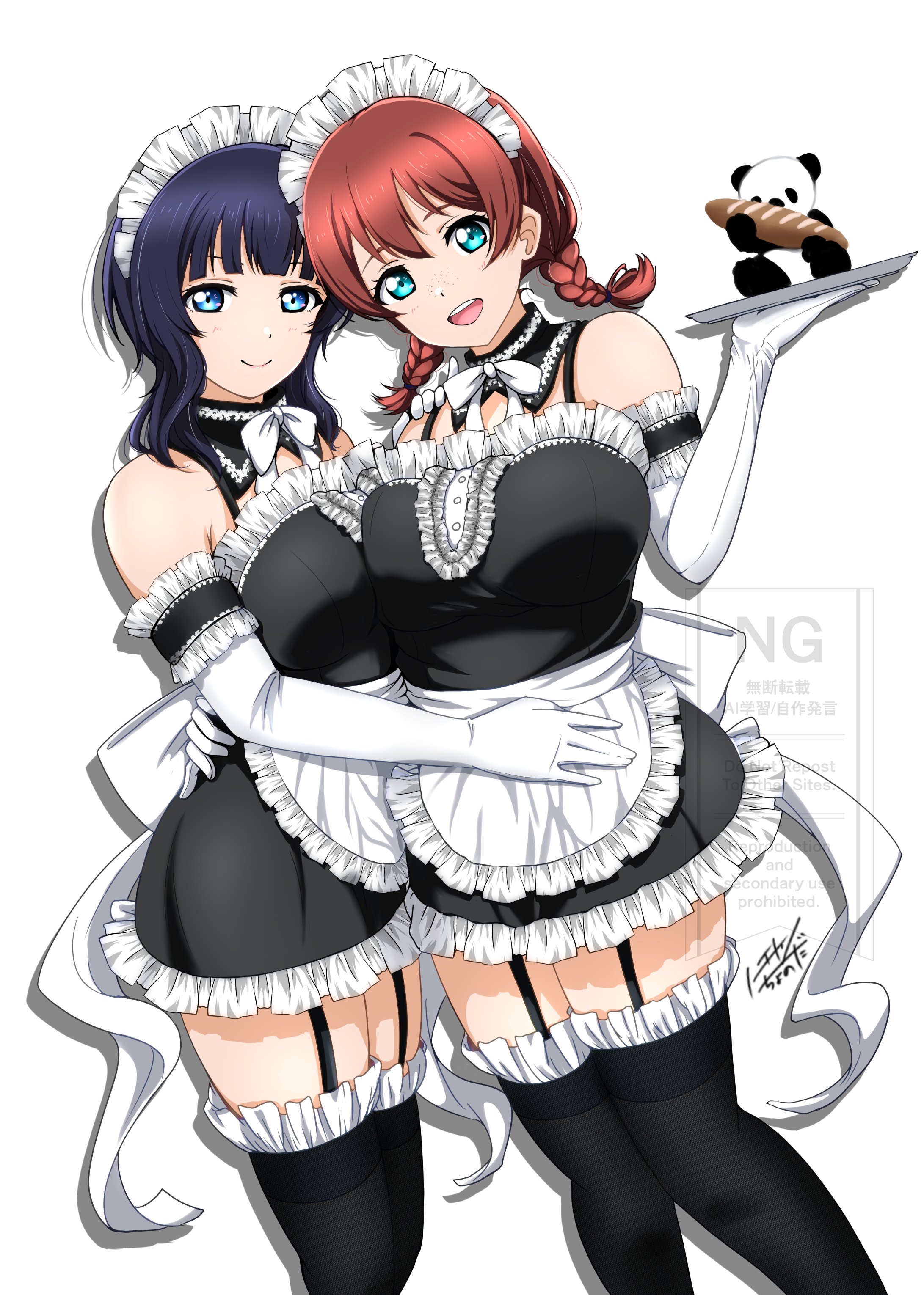2girls :d absurdres alternate_costume apron aqua_eyes asaka_karin bare_shoulders black_dress black_thighhighs blue_eyes blue_hair blunt_bangs braid breasts brown_hair closed_mouth commentary detached_collar dress emma_verde enmaided feet_out_of_frame frilled_apron frilled_dress frills garter_straps highres holding holding_tray large_breasts looking_at_viewer love_live! love_live!_nijigasaki_high_school_idol_club low_twin_braids maid maid_headdress medium_hair multiple_girls noochan_chonoda open_mouth short_dress simple_background sleeveless sleeveless_dress smile split_mouth standing stuffed_animal stuffed_panda stuffed_toy thighhighs tray twin_braids waist_apron white_apron white_background