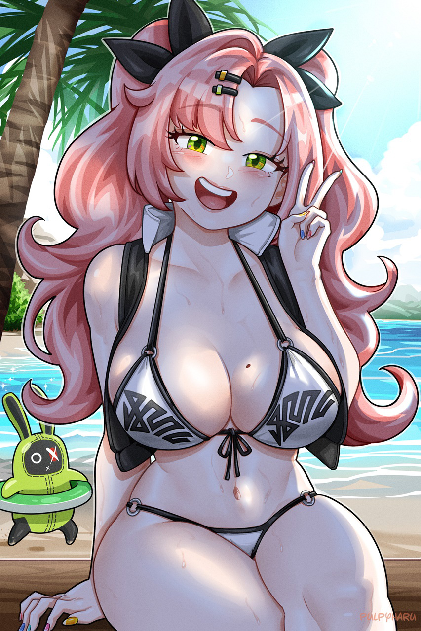 1girl amillion_(zenless_zone_zero) aqua_nails artist_name bangboo_(zenless_zone_zero) bare_shoulders beach bikini black_jacket black_ribbon blue_nails blue_sky blush breasts cloud cloudy_sky collarbone commentary crop_top cropped_jacket day english_commentary fingernails front-tie_bikini_top front-tie_top green_innertube hair_ornament hair_ribbon hairclip haruchii_(pulpyharu) highres innertube jacket large_breasts lips long_fingernails long_hair looking_at_viewer mole mole_on_breast mole_under_eye mountainous_horizon multicolored_nails nail_polish navel nicole_demara o-ring o-ring_bikini ocean open_clothes open_jacket open_mouth orange_nails outdoors palm_tree pink_hair pink_lips pink_nails ribbon sand sharp_fingernails sitting sky smile stomach swim_ring swimsuit teeth thighs tongue tongue_out tree upper_teeth_only v white_bikini zenless_zone_zero