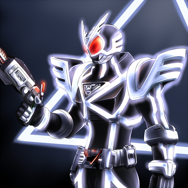 1boy algorithm9000 belt glowing gun irisu_haniwa kamen_rider kamen_rider_555 kamen_rider_delta male_focus neon_trim solo weapon