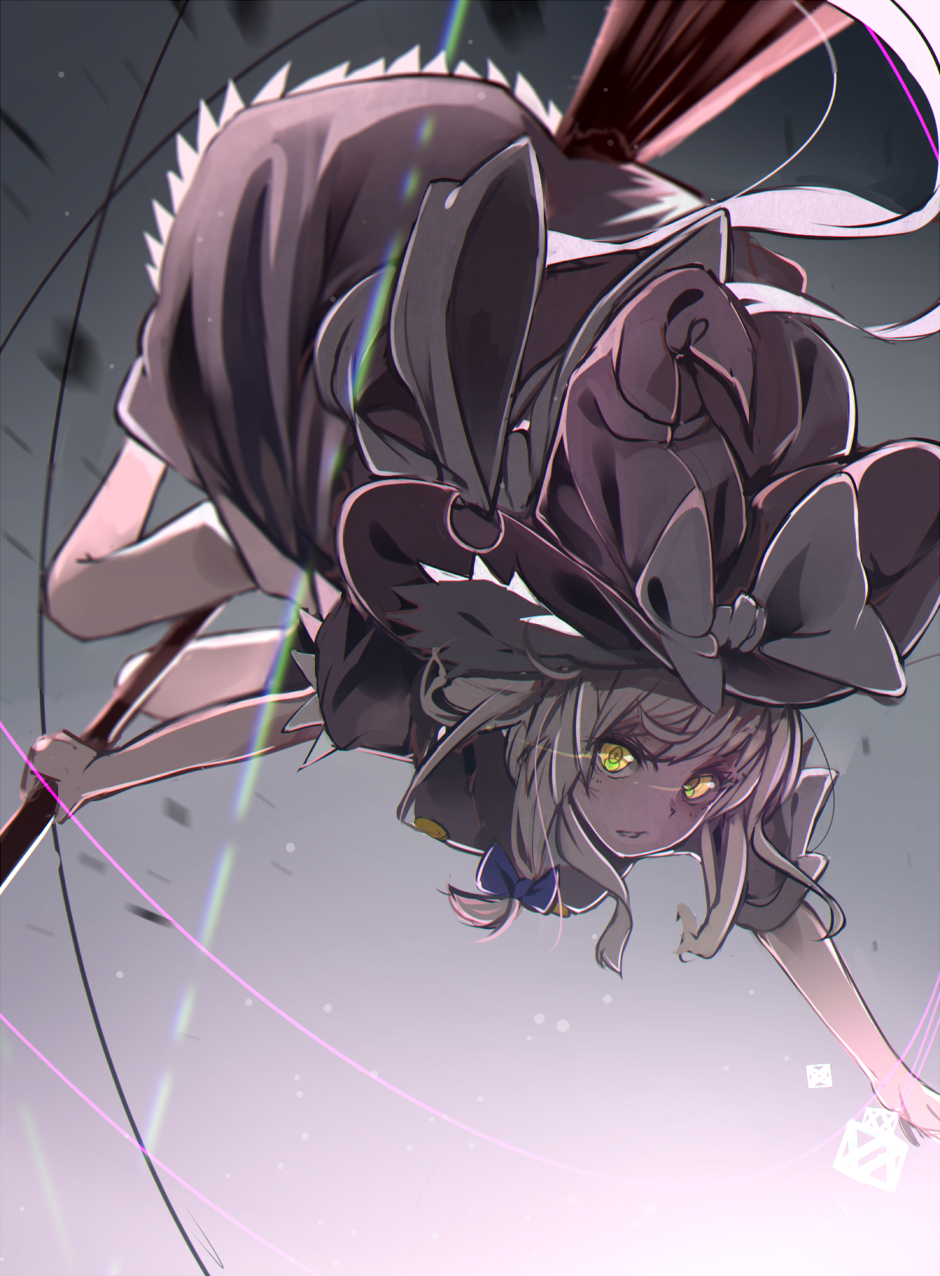 1girl apron bad_id bad_pixiv_id black_skirt black_vest blonde_hair bow breasts broom broom_riding female_focus flying frilled_skirt frills from_above hair_bow hand_up hat hat_bow highres kirisame_marisa legs light_particles light_trail long_skirt looking_at_viewer motion_blur radiosity_(yousei) serious short_sleeves skirt solo thighs touhou vest witch_hat yellow_eyes