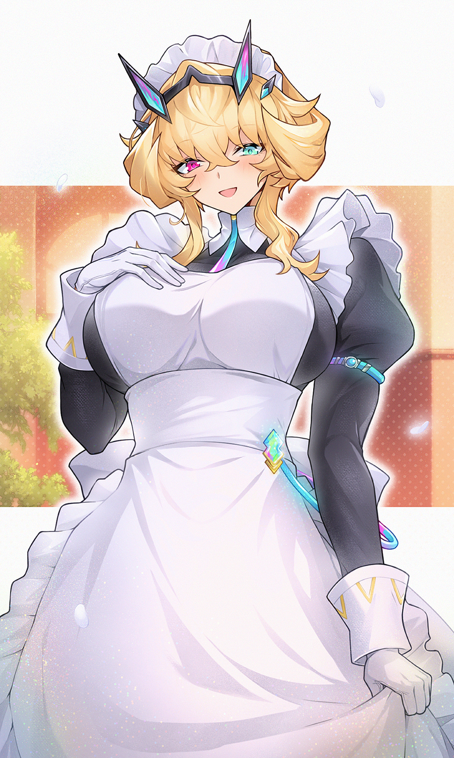 1girl apron barghest_(fate) barghest_(swimsuit_archer)_(fate) barghest_(swimsuit_archer)_(second_ascension)_(fate) blonde_hair blue_eyes breasts fate/grand_order fate_(series) gloves hand_on_own_chest heterochromia highres honi_(ohohoni) juliet_sleeves large_breasts long_sleeves maid maid_apron maid_headdress puffy_sleeves purple_eyes white_gloves