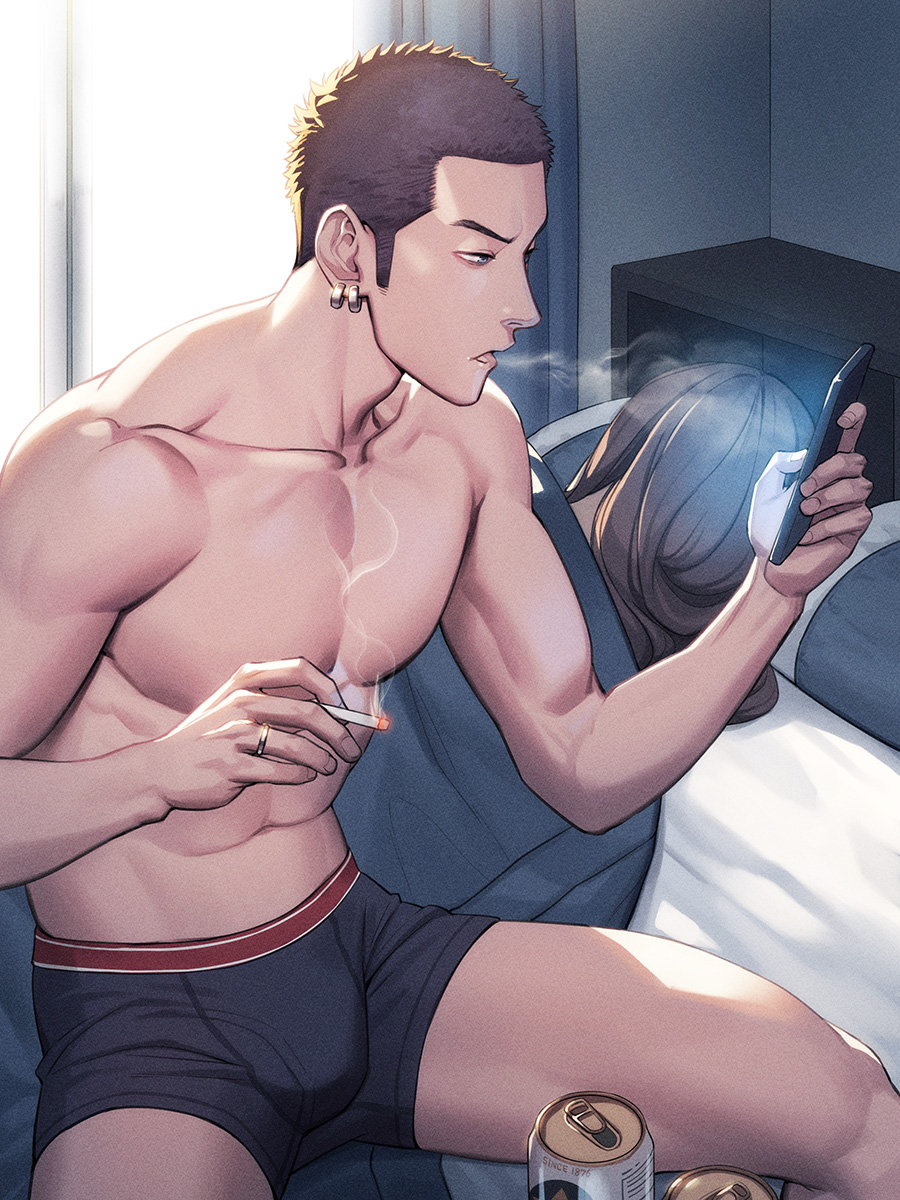 1boy 1girl bed bedroom beer_can black_boxer_briefs black_male_underwear blowing_smoke boxer_briefs brown_hair bulge can cigarette curtains drink_can ear_piercing faceless faceless_female hetero highres holding holding_cigarette indoors looking_at_phone lying male_focus male_underwear on_bed original pectorals phone piercing pillow sitting smoke smoking tettabuzz topless_male under_covers underwear window