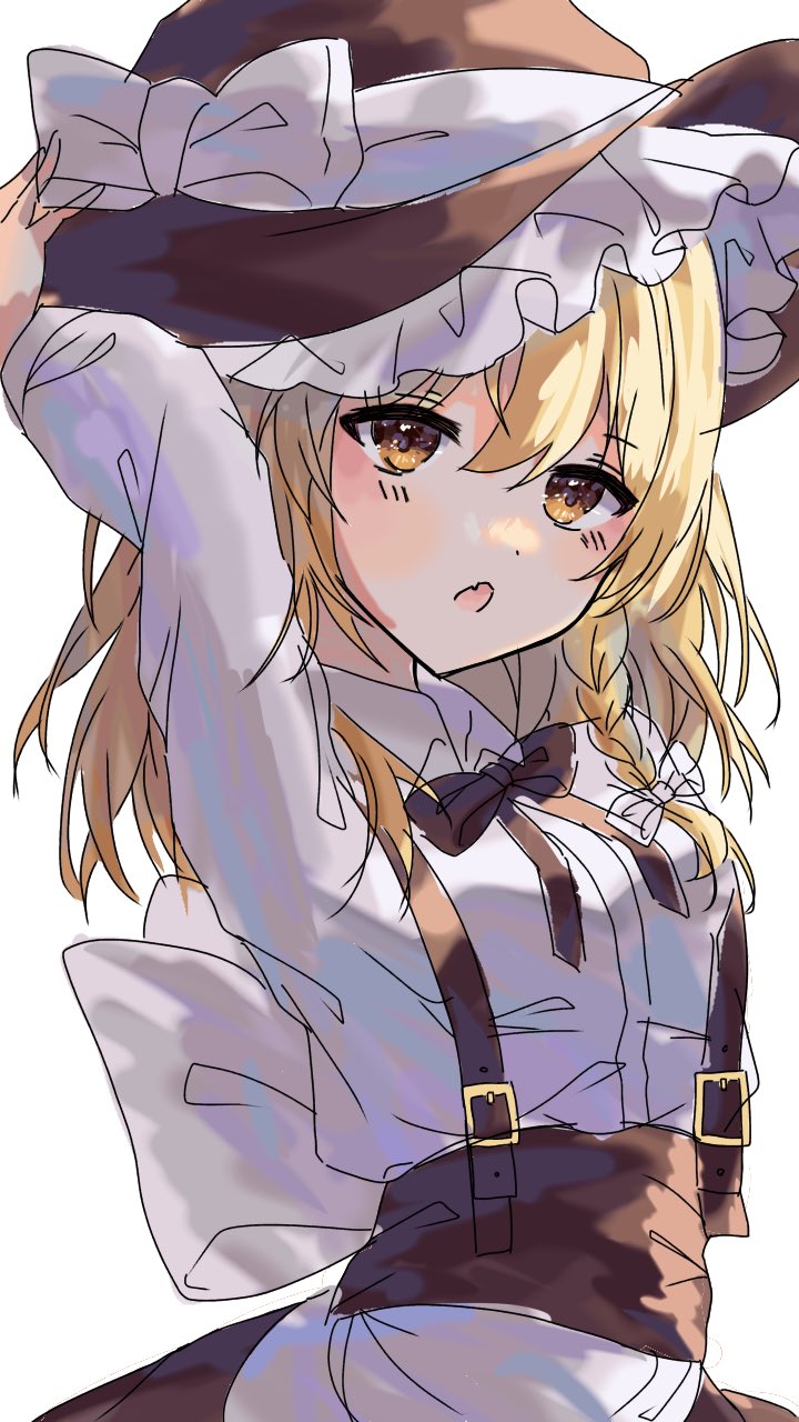 amatukimahoro black_bow blonde_hair bow braid collared_shirt frills hat highres kirisame_marisa open_mouth ribbon shirt skirt suspenders touhou white_background white_bow white_shirt witch_hat yellow_eyes