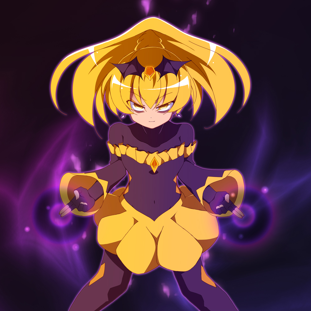aura bad_end_peace bad_end_precure bags_under_eyes black_bodysuit black_headwear blonde_hair bodysuit breasts dark_aura dark_persona evil_smile frilled_sleeves frills latex latex_bodysuit looking_at_viewer ponytail precure skirt small_breasts smile smile_precure! ts1016 yellow_eyes