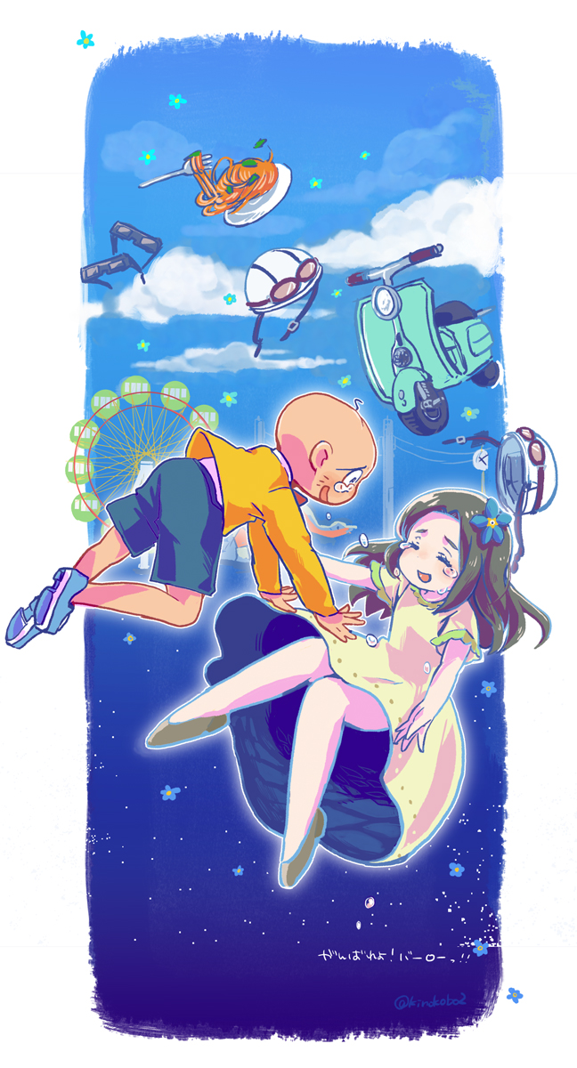 10s 1boy 1girl bald blue_flower bow bowtie brown_hair chibita closed_eyes dress flower flower_fairy_(osomatsu-kun) flower_girl_(osomatsu-kun) flower_girl_(osomatsu-san) food hair_flower hair_ornament helmet highres long_hair motor_vehicle osomatsu-kun osomatsu-san osomatsu_(series) pasta rai_(kinokobo2) scooter smile spaghetti sunglasses tears vehicle