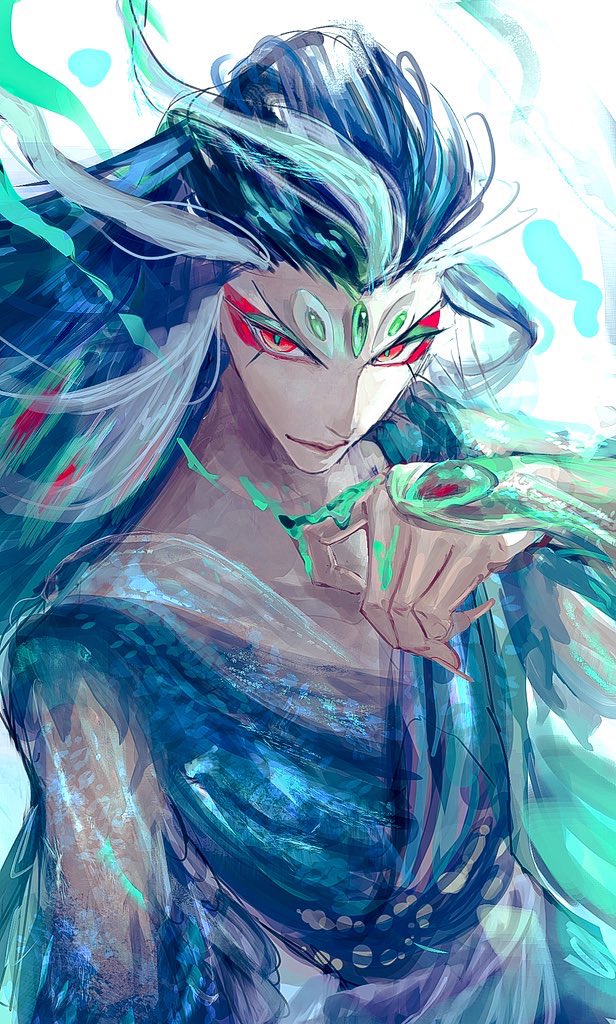 1boy ao_(en6gtl) blue_hair chinese_clothes eyeshadow fate/grand_order fate_(series) fingernails forehead_jewel green_eyeshadow long_fingernails long_hair makeup male_focus multicolored_hair red_eyes red_eyeshadow shi_huang_di_(fate) solo two-tone_hair white_hair