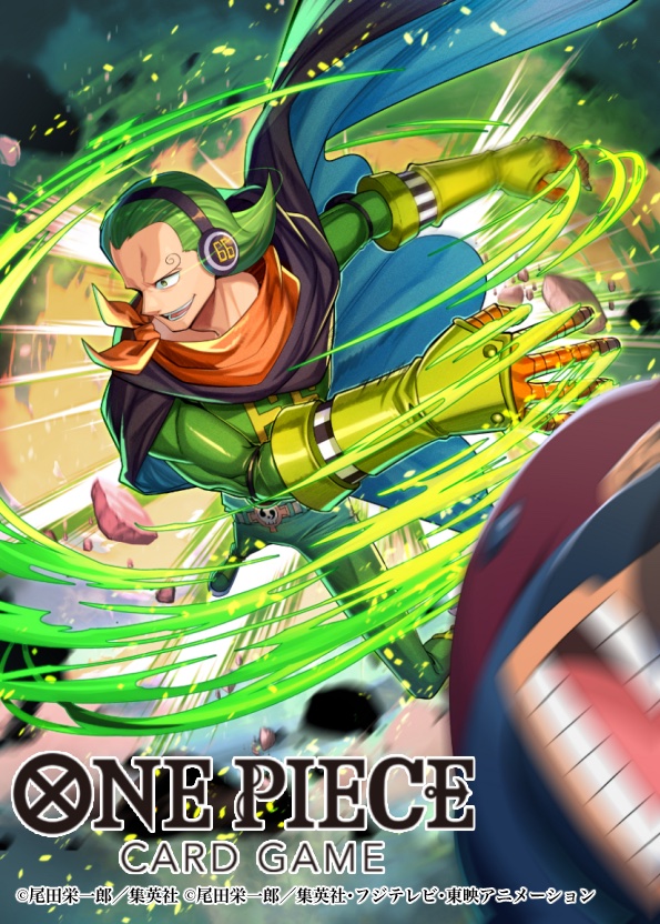 2boys bashikou black_cape bodysuit cape commentary_request copyright_name curly_eyebrows full_body gloves green_bodysuit green_hair hair_slicked_back headphones looking_ahead multiple_boys neckerchief official_art one_piece one_piece_card_game open_mouth orange_neckerchief pebble slapping smile vinsmoke_yonji