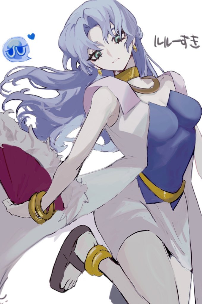 1girl bare_shoulders blue_eyes blue_hair bracelet breasts cleavage closed_mouth dress earrings eyelashes green_eyes h_oa_9_9 hand_fan heart holding holding_fan jewelry long_hair looking_at_viewer medium_breasts necklace parted_bangs puyo_(puyopuyo) puyopuyo rulue_(puyopuyo) sandals simple_background solo white_background white_dress