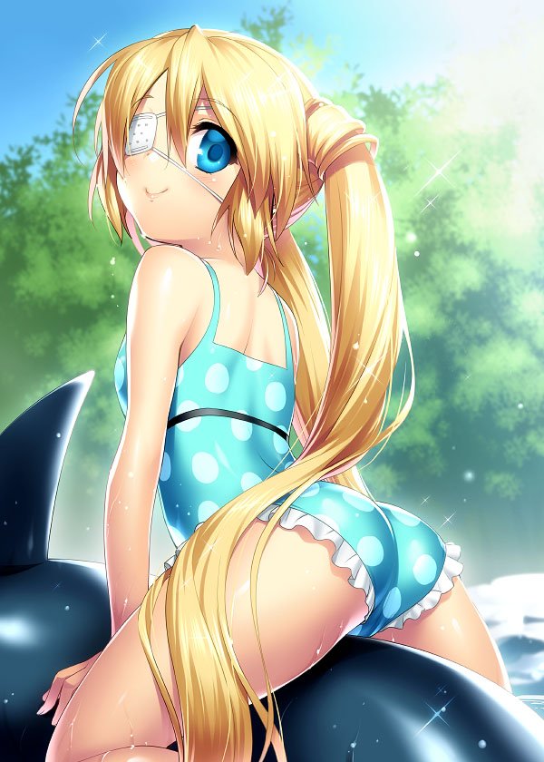 1girl ass blonde_hair blue_eyes blue_one-piece_swimsuit bush casual_one-piece_swimsuit commentary_request cowboy_shot eyepatch female_focus frilled_swimsuit frills from_behind inflatable_dolphin inflatable_toy light_rays long_hair looking_back nakatsu_shizuru one-piece_swimsuit polka_dot polka_dot_swimsuit rewrite riding smile solo sparkle sunbeam sunlight swimsuit twintails yellow_eyes zen