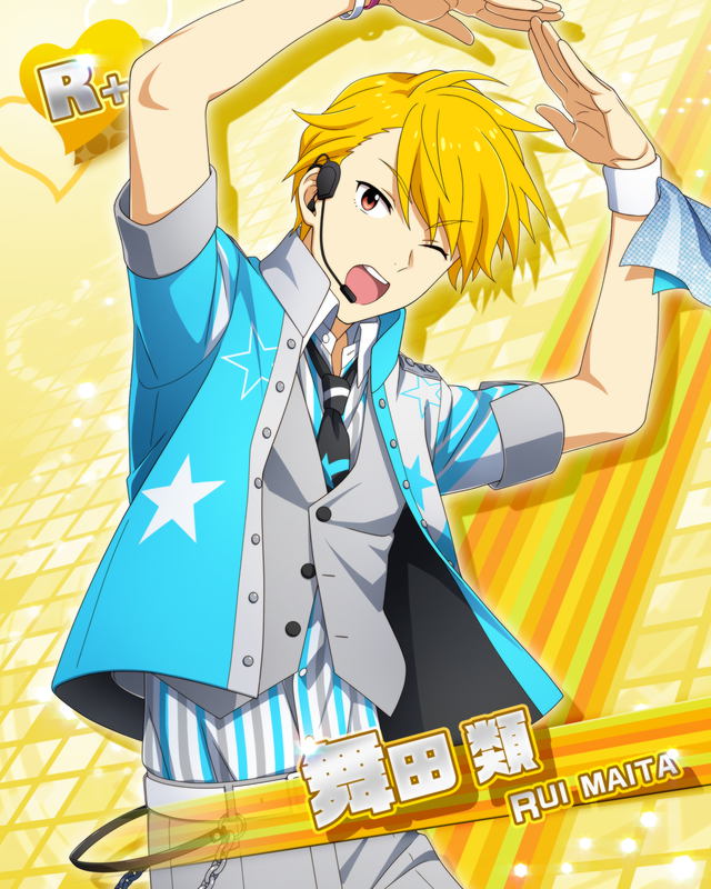 1boy blonde_hair buttons card_(medium) character_name collared_shirt headpiece idol idolmaster idolmaster_side-m maita_rui male_focus necktie official_art one_eye_closed open_mouth shirt short_sleeves solo yellow_background
