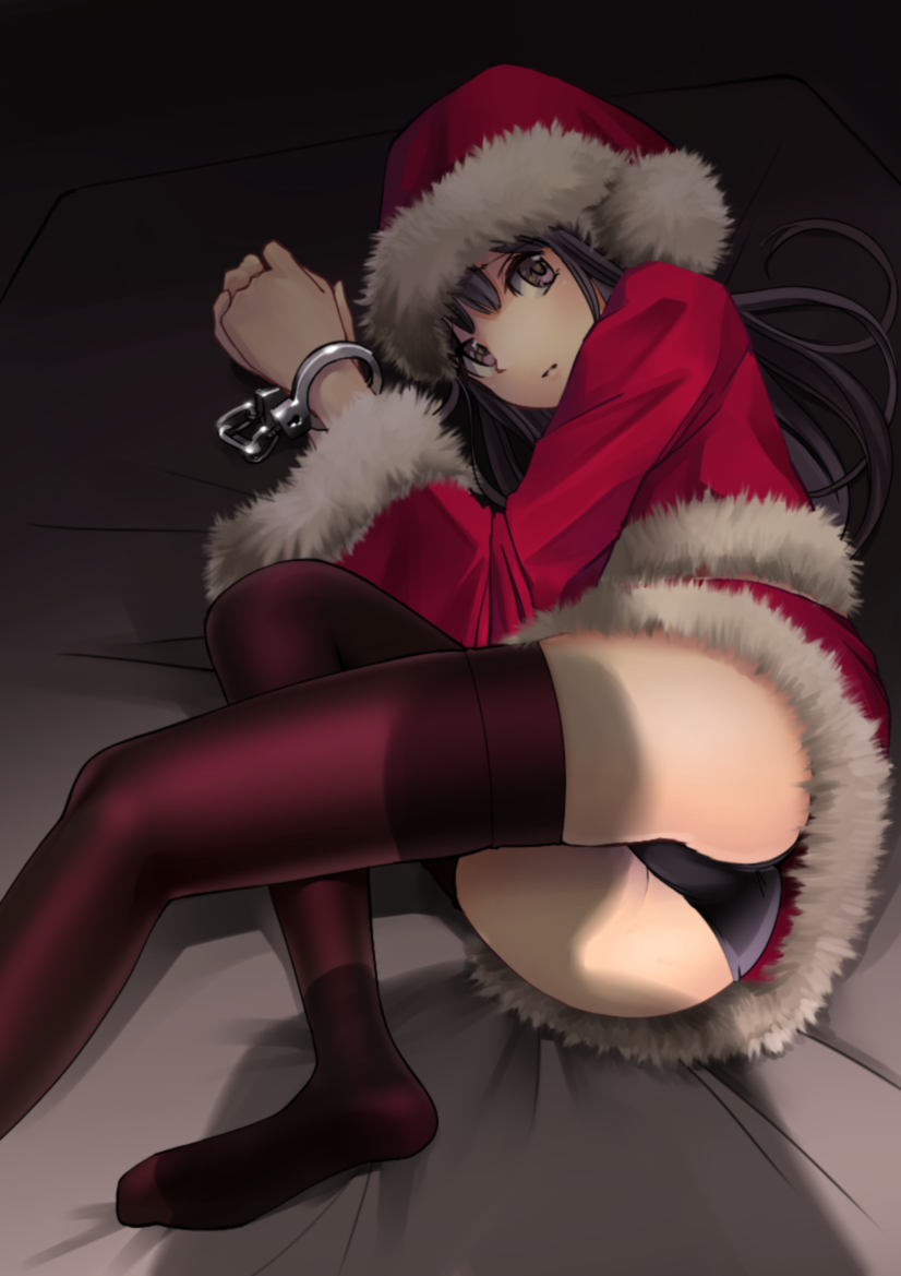 1girl bad_id bad_pixiv_id bdsm black_eyes black_panties bondage bound bound_wrists chain chikuwa_(glossymmmk) chikuwa_(odennabe) christmas closed_mouth cuffs female_focus fur_trim handcuffs hat long_hair long_sleeves looking_at_viewer lying no_shoes on_bed on_side original panties pantyshot pom_pom_(clothes) red_hat red_shirt red_skirt red_thighhighs santa_costume santa_hat shadow shirt skirt solo thighhighs underwear upskirt