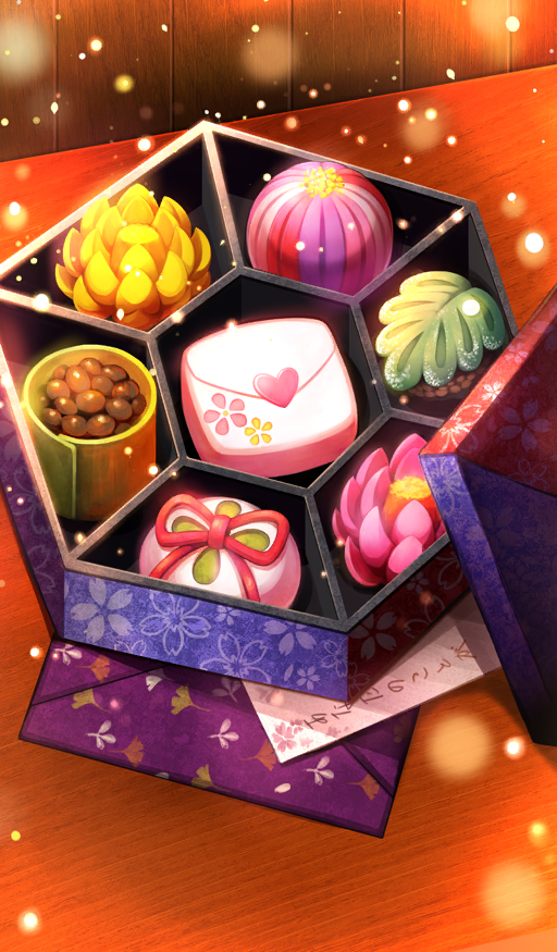 ball box candy commentary envelope fate/grand_order fate_(series) flower food food_art food_focus gift gift_box hexagon in_box in_container leaf lid light_particles no_humans official_art orange_flower paper pink_flower shimokawa_ruriko still_life temari_ball third-party_source wagashi