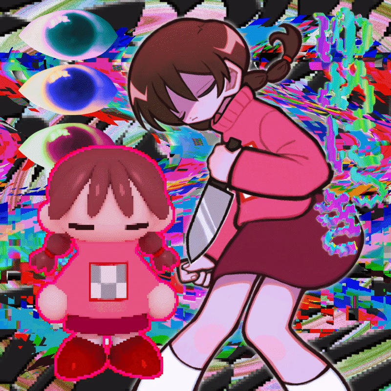 1girl 3d =_= abstract_background animated animated_gif blinking braid brown_hair chibi closed_eyes closed_mouth copyright_name disembodied_eye empty_eyes expressionless glitch hand_up holding holding_knife kneehighs knees_together_feet_apart knife long_hair long_sleeves looking_at_viewer looping_animation madotsuki multiple_views one_eye_closed outline pink_outline pink_sweater red_eyes red_skirt shaded_face skirt sleeves_past_wrists socks spinning surreal sweater turtleneck twin_braids white_outline white_socks yappari yume_nikki