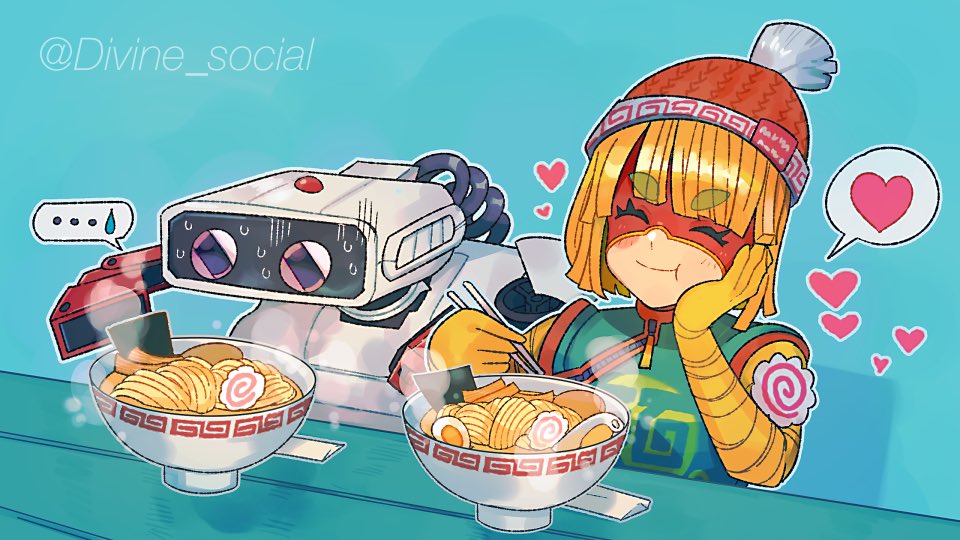1girl arms_(game) beanie blonde_hair chinese_clothes domino_mask facepaint family_computer_robot food hat knit_hat mask min_min_(arms) nintendo noodles short_hair smile super_smash_bros. yasaikakiage