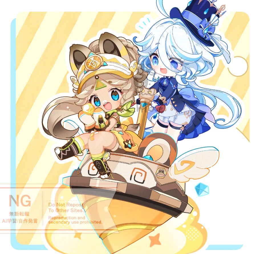 2girls animal_ears ascot asymmetrical_gloves bandana bandana_around_neck black_boots black_gloves blue_ascot blue_eyes blue_gemstone blue_hair blue_jacket blue_pupils boots brown_hair chibi chibi_only chinchilla_ears commentary_request drill drop-shaped_pupils full_body furina_(genshin_impact) gem genshin_impact gloves green_bandana hair_between_eyes heterochromia holding hoshiusagi_no_chloe jacket kachina_(genshin_impact) long_hair long_sleeves mismatched_gloves multicolored_hair multiple_girls open_mouth orange_visor shorts sitting standing streaked_hair symbol-shaped_pupils teardrop-shaped_gem teeth thigh_strap upper_teeth_only very_long_hair white_gloves white_hair white_shorts