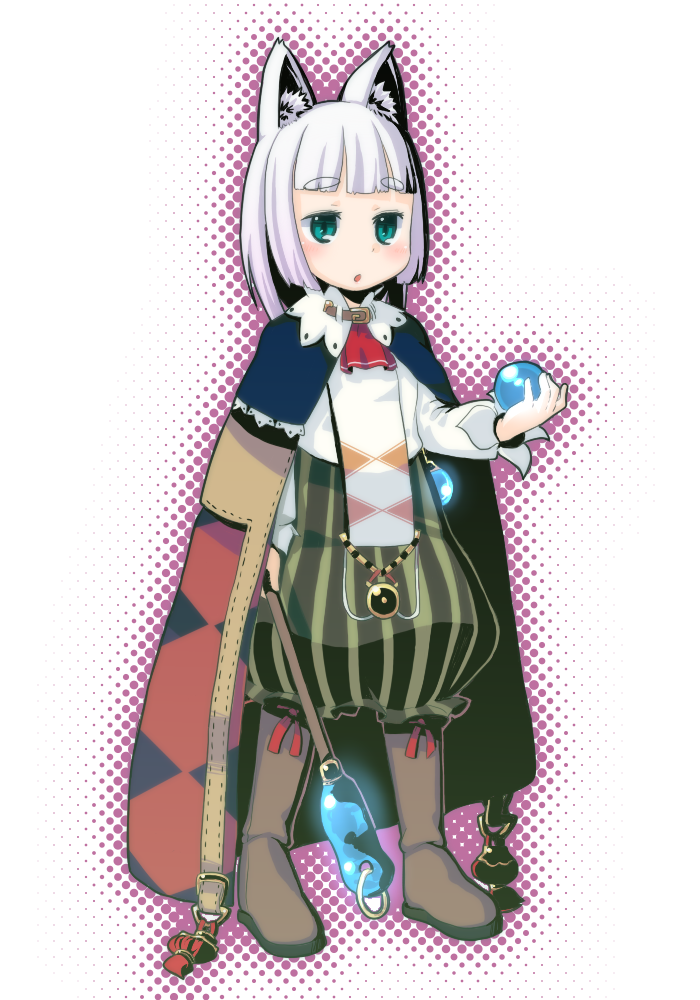 1girl 7th_dragon 7th_dragon_(series) :o animal_ear_fluff animal_ears aqua_eyes argyle belt belt_buckle boots buckle cape commentary_request frilled_skirt frills halftone holding holding_weapon ikurakun_(7th_dragon) mage_(7th_dragon) medium_hair muku_(muku-coffee) outline shirt skirt solo standing striped_clothes striped_skirt vertical_stripes weapon white_hair white_shirt